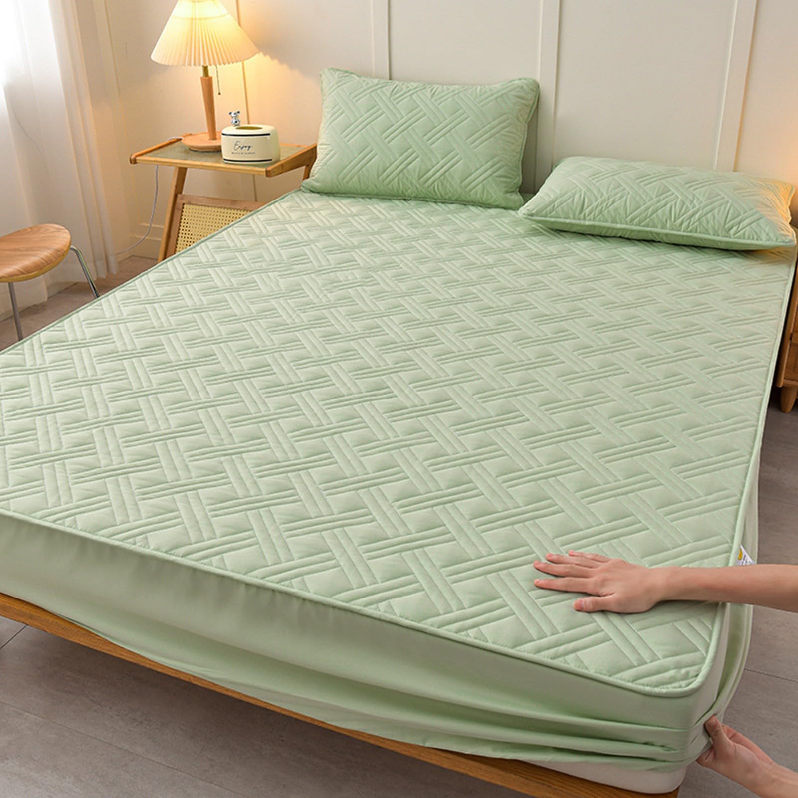 Wasserdichter Gesteppter Matratzenschoner Spannbettlaken,Matratzenschoner mit 2 Kissenbezügen,Maschinenwaschbarer Atmungsaktiver Matratzentopper,Vier Jahreszeiten(GrassGreen,200x220cm)