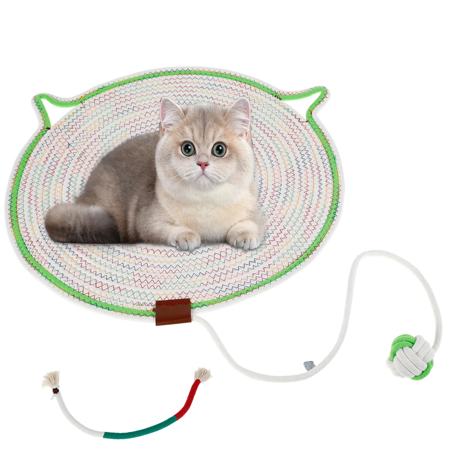 Foppla Cat Scratcher Mat Natural Cotton Rope Cat Scratch Pad 19.7 Inch Round Cat Scratching Pad with Cat Ball Toy Cat Scratching Mat Funny Cat Scratch Pad Rug Cat Scratching Rug(Light green,2)