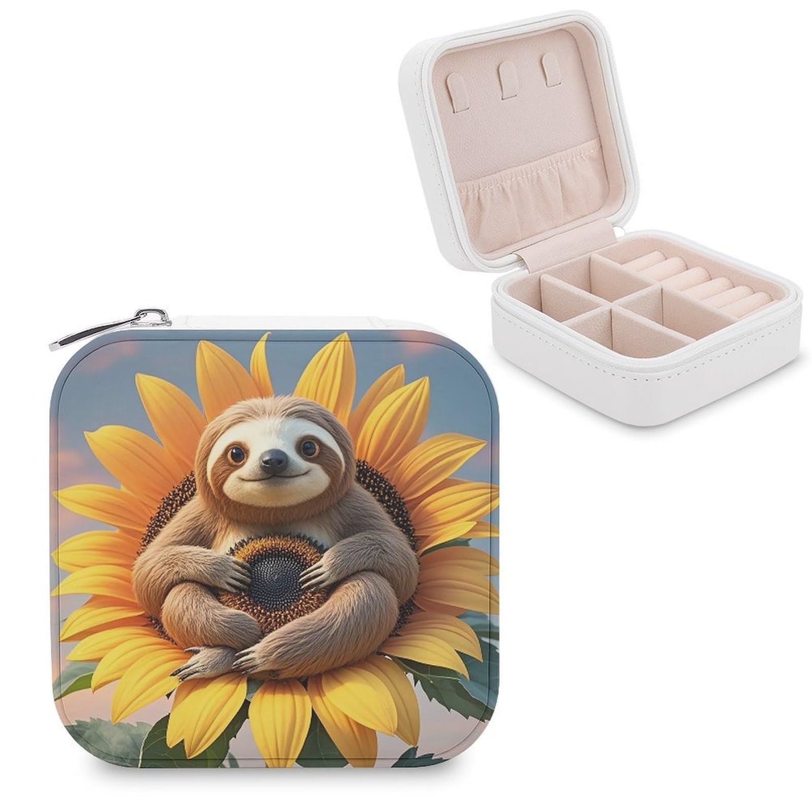 LZQPOEAS Sloth Sitting on Sunflower Jewelry Box Mini Jewelry Travel Case Trendy Stuff Ring Box Custom PU Leather Jewelry Boxes Portable Jewelry Case Earring Storage Organizer for Girls Women