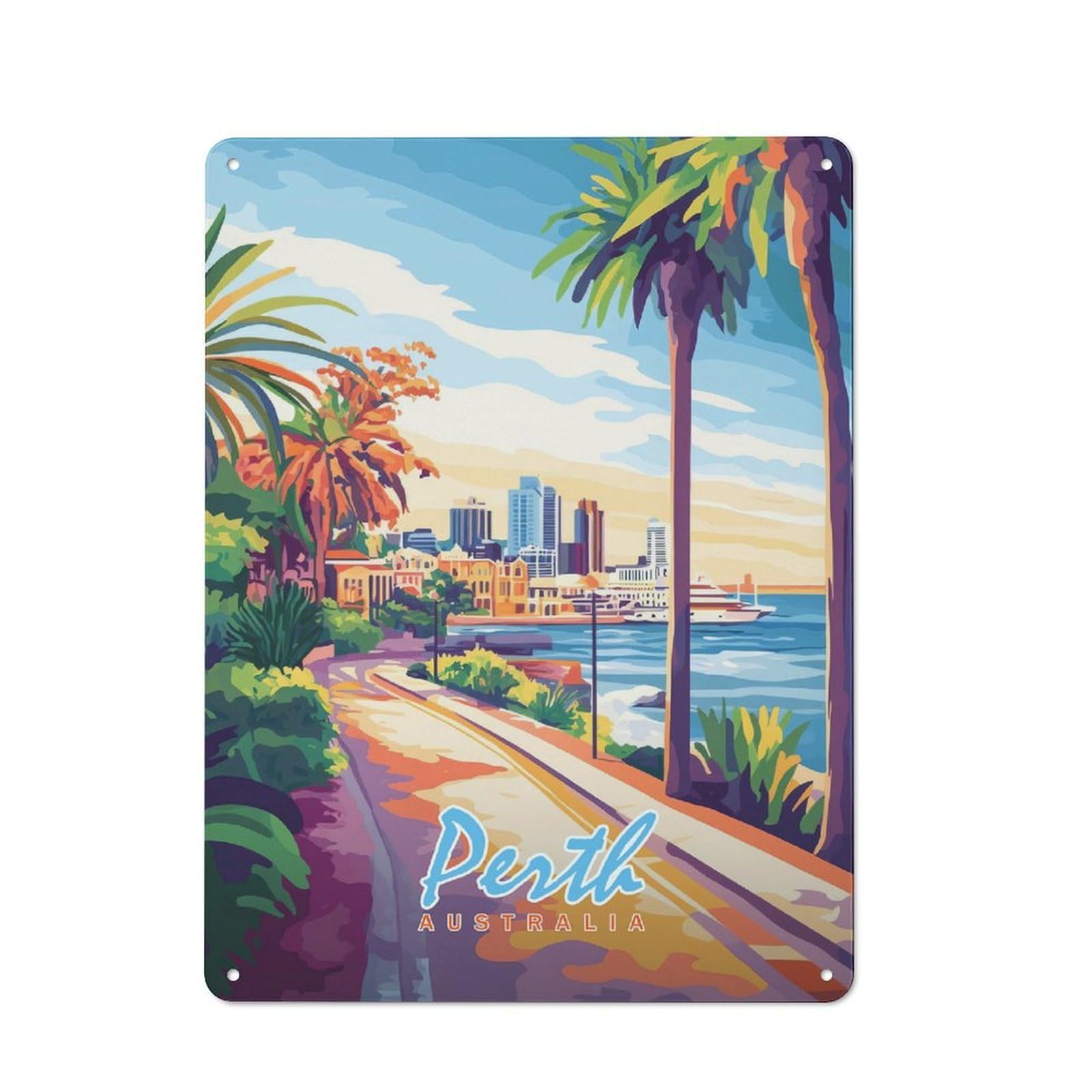 Junmoney Style-23 Vintage Tin Sign 40X30cm With Perth, Australia Cityscape For Dining Room Or Kitchen, For Autumn Interiors With Vintage Character