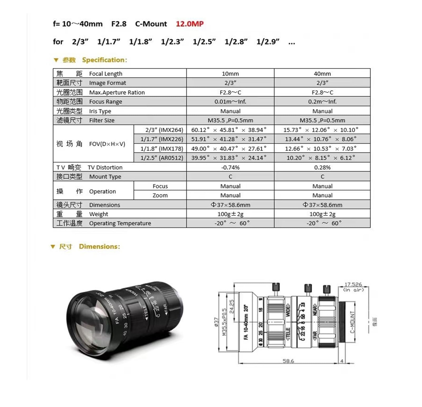 Obiektyw zmiennoogniskowy do kamery przemysłowej C-Mount ręczna długość ogniskowa 5-12 mm, 7-36 mm, 10-50 mm, 10-55 mm (10-40 mm 12 MP 2/3)