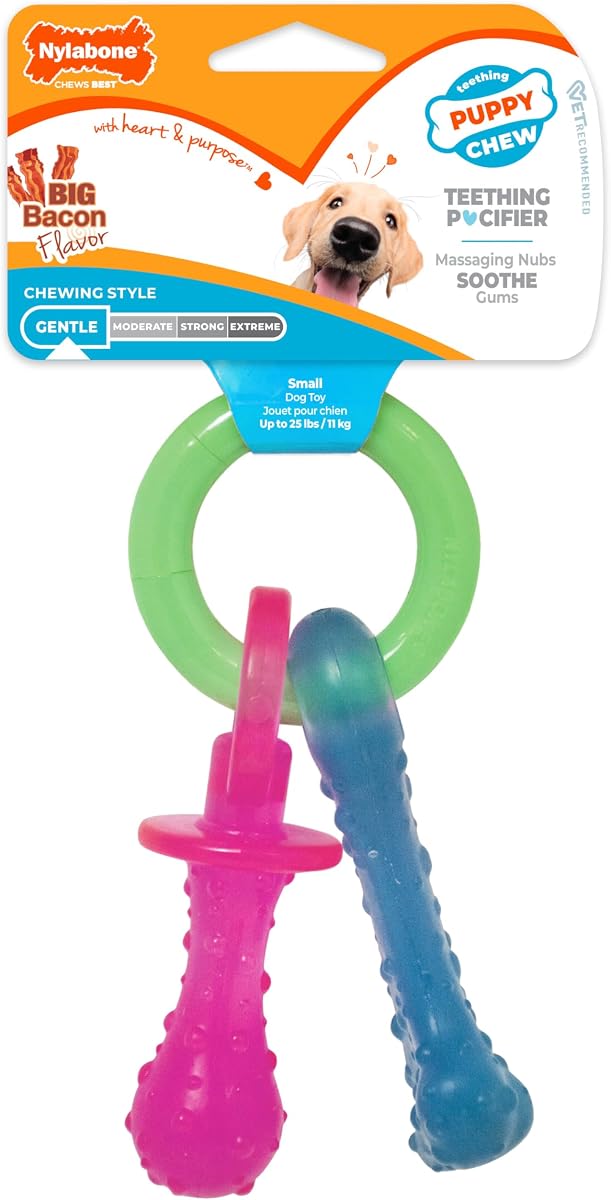 Juguete masticable para chupete para cachorros Nylabone, juguetes para la dentición para cachorros de hasta 25 libras | Juguetes para la dentición de cachorros con sabor a tocino, material suave, encías texturizadas para masaje de protuberancias