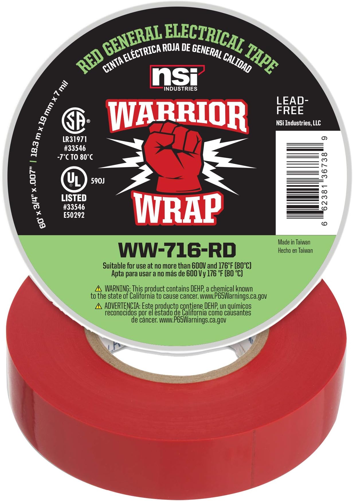WarriorWrap General 3/4 in. x 60 ft. 7 mil Vinyl Electrical Tape, Red