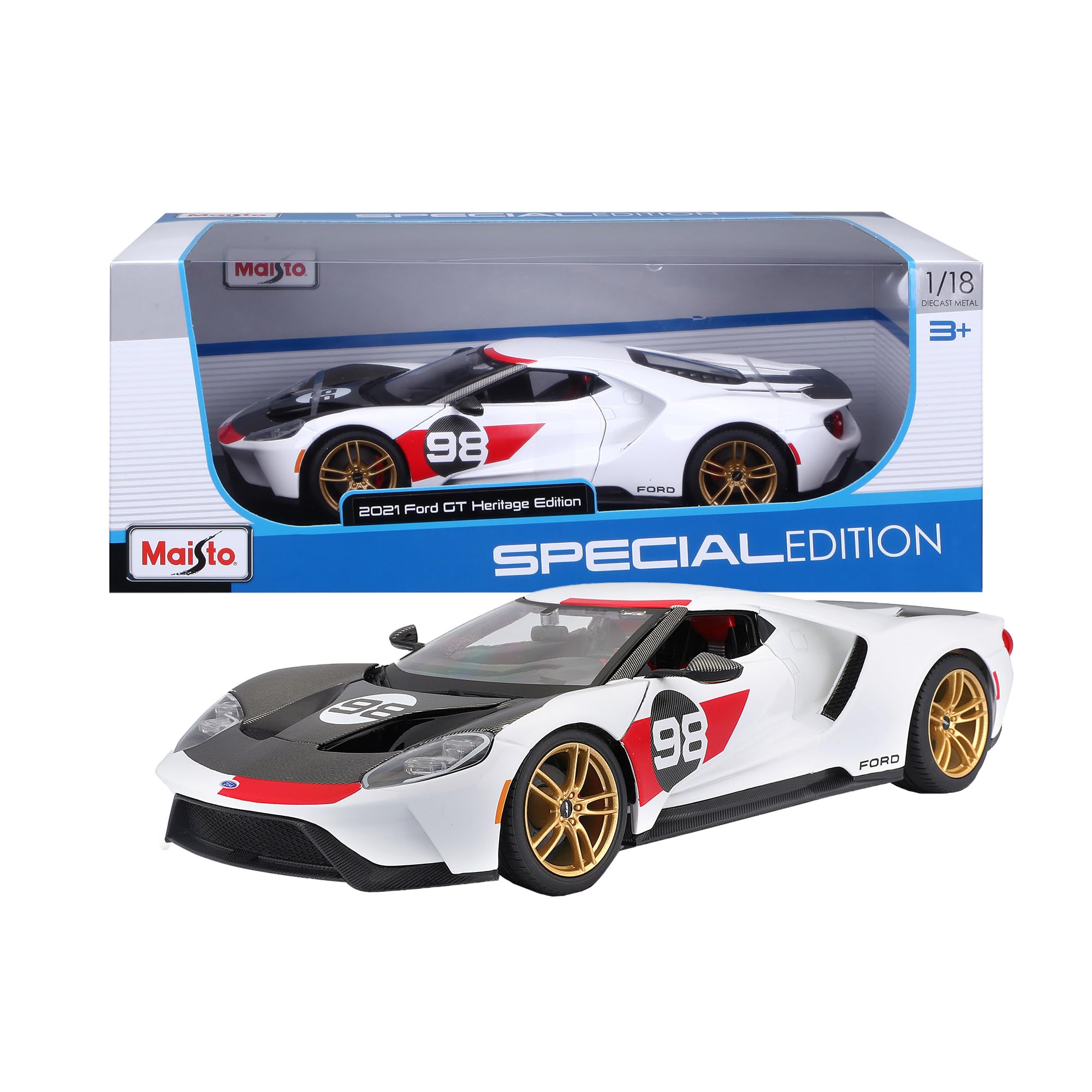 Maisto - Ford GT 2021 Heritage Bianca, Auto in Diecast in Scala 1:18, Replica Dettagliata con Parti Apribili, Licenza Ufficiale Ford, Non Adatto a Bambini Sotto i 36 Mesi
