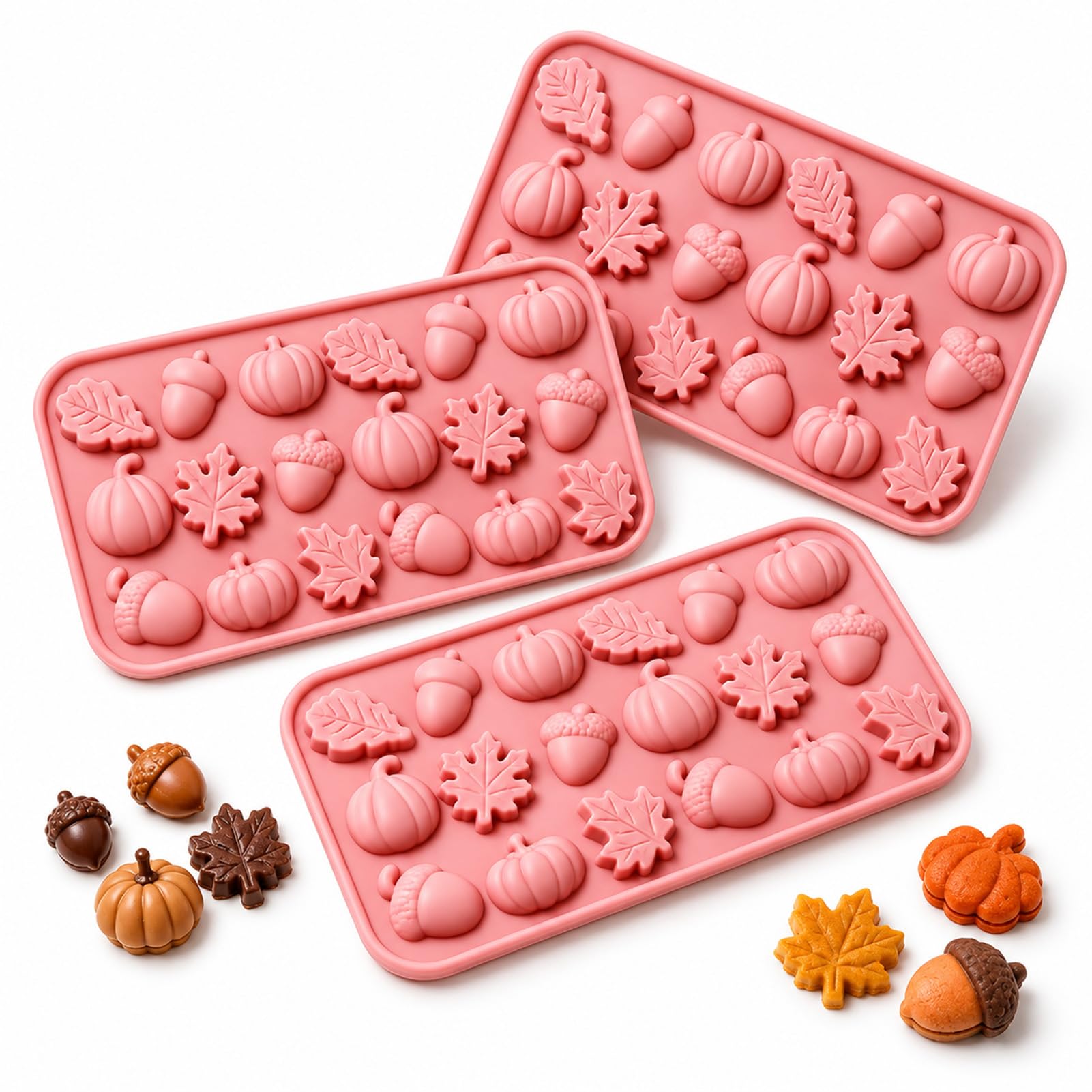 3 Stück Silikonformen Herbst mit Kürbis Ahornblatt Eichel Motiven 18 Fächer | 3D Lebensmittelechte Herbst Silikonform für Schokolade Bonbons Pralinen Kekse Backzubehör für Halloween und Thanksgiving