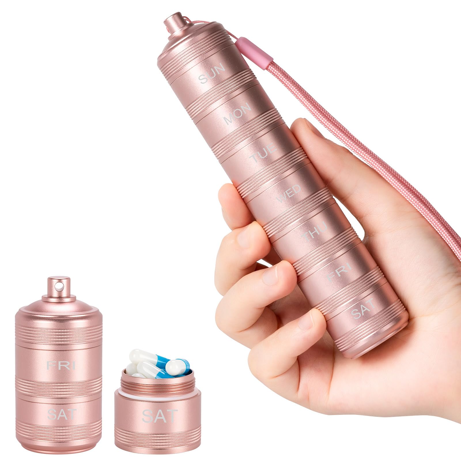Portable Metal Pill Medicine Organizer - Waterproof Pill Case Compact Travel Pill Box Weekly Aluminum Alloy Container, 7 Day Daily Pill Organizer