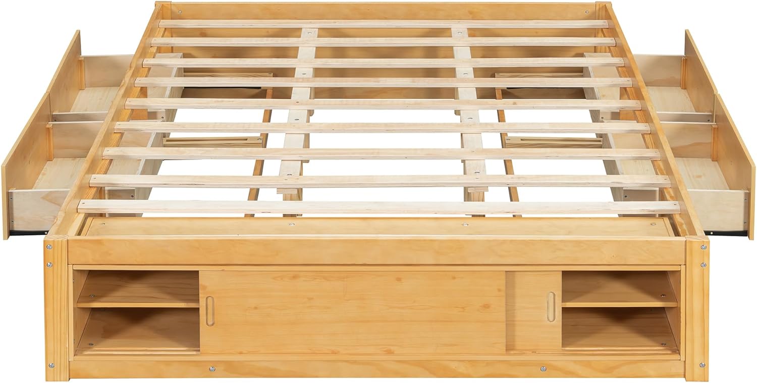 Queen Size Platform Bed Frame, No Headboard Bed Frame with 4 Storage Drawers & Footboard Storage Cubby, No Box Spring Needed, Wooden Slats Support, Space-Saving, Easy Assembly (Natural)