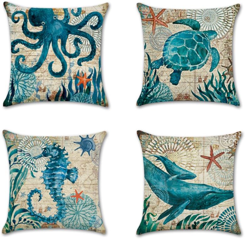 4 Piece Ocean Theme Mediterranean Style Cotton Linen Square Decorative Throw Pillow Case Cushion Cover Starfish,Sea Horse,Shell&Conches 18" X 18"