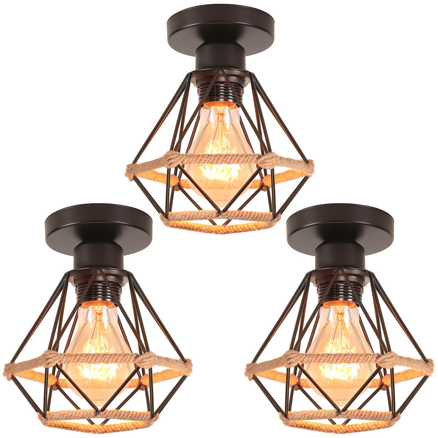 iDEGU 3 Piezas Lámparas de Techo Vintage 16CM E27 Iluminación de Techo Industrial de Metal con Cuerda de Cáñamo Retro Diseño Jaula Lámpara Colgante para Dormitorio Café Salón Pasillo