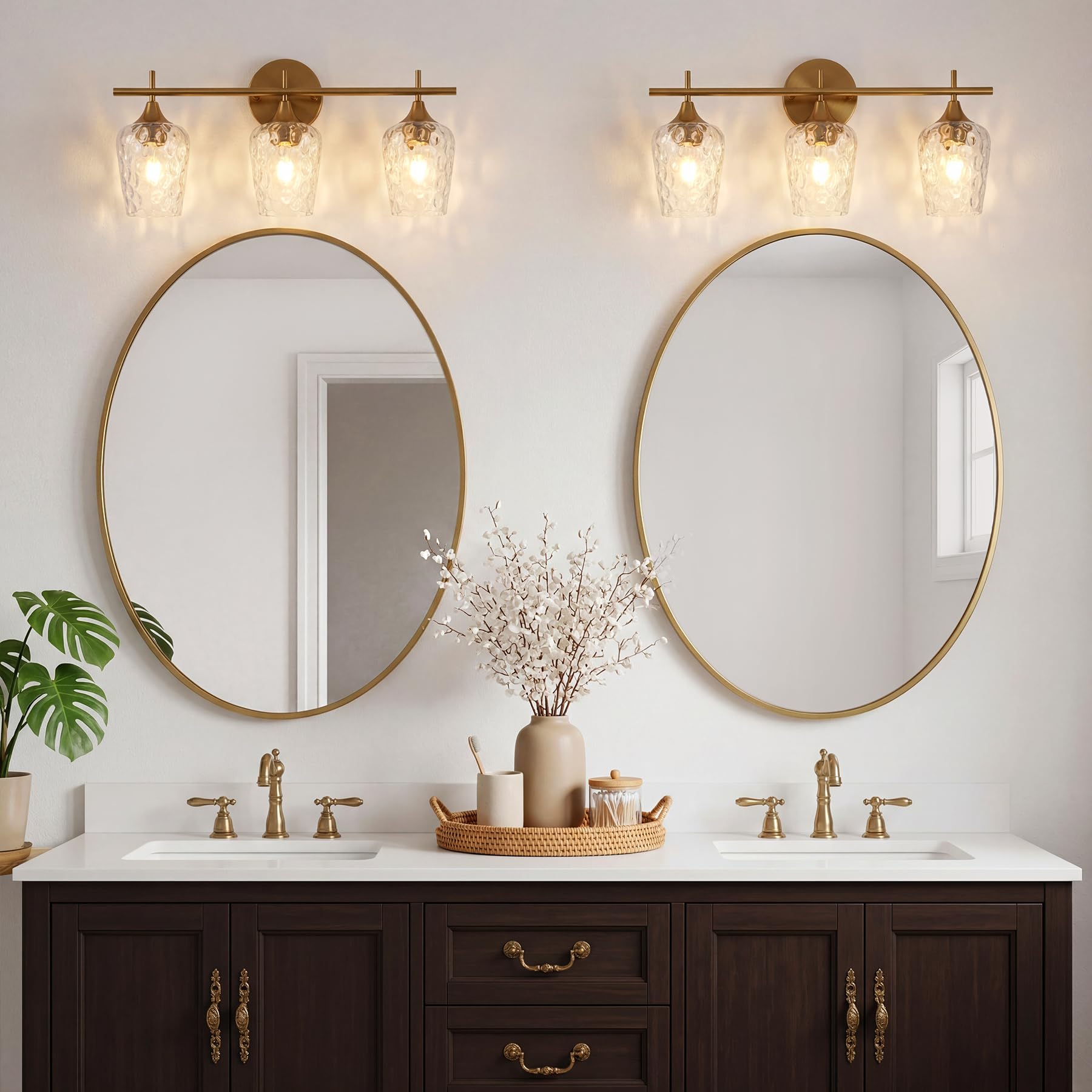 Tribesigns - Aplique de pared de baño (3 luces, modelo dorado, con pantallas de cristal corrugado, casquillos E27. Ideal para espejos de baño, cocina, pasillo y dormitorio. Am