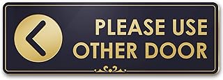 Please Use Other Door Left Arrow Sign, Black/Gold, Engraved, 3
