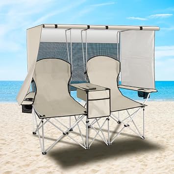 Portable Double Camping Chair with Canopy Shade,Heavy Duty Beach Chairs for Adults,Folding Beach Chair with Cooler Bag for Sports Backyard Fishing OutsideWhite