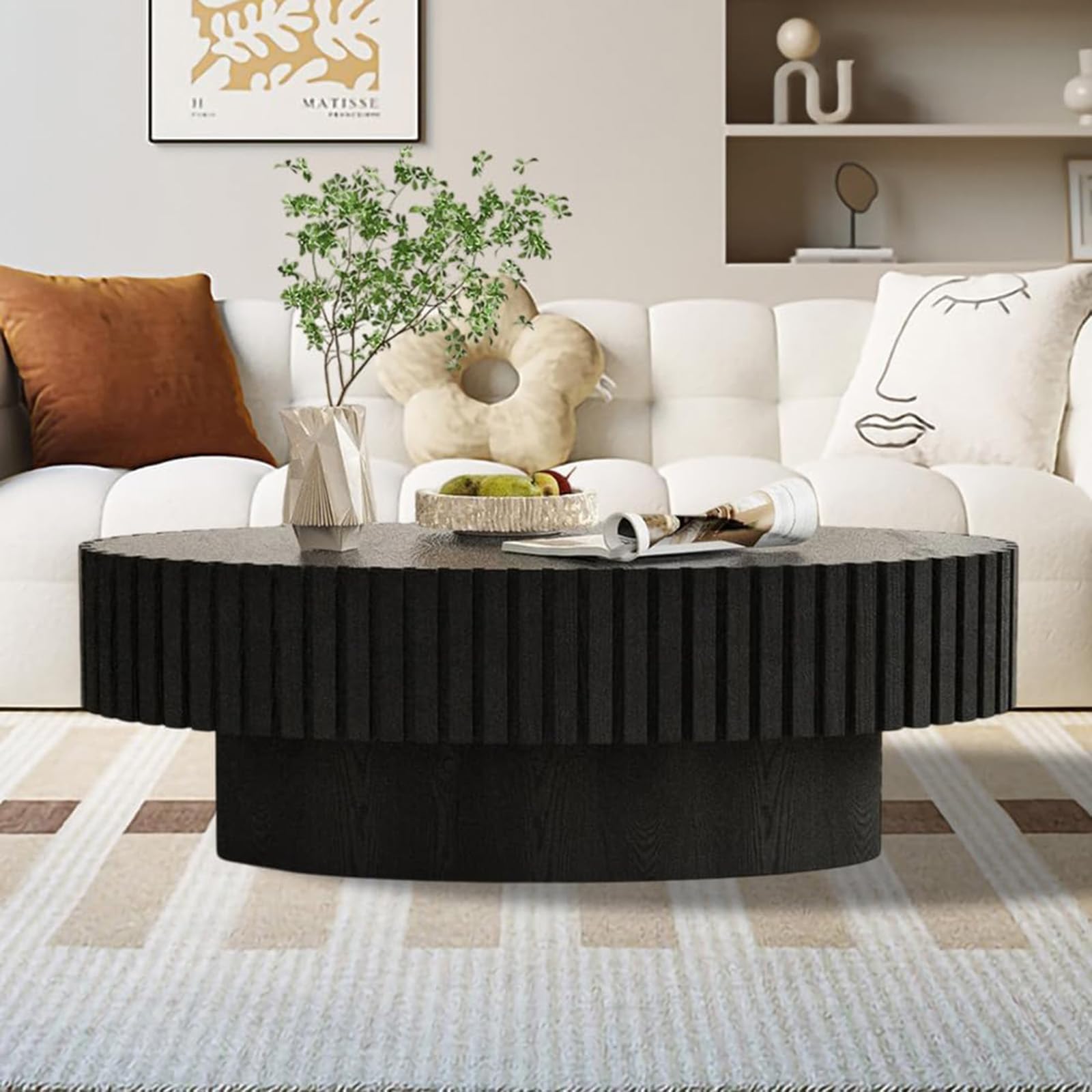 FeiZhiYanS 43.3" Oval Drum Fluted Coffee Table for Living Room Modern Oval Coffee Table with Pedestal Center Tables Fluted Accent Tea Tables for Apartment Living Room,E
