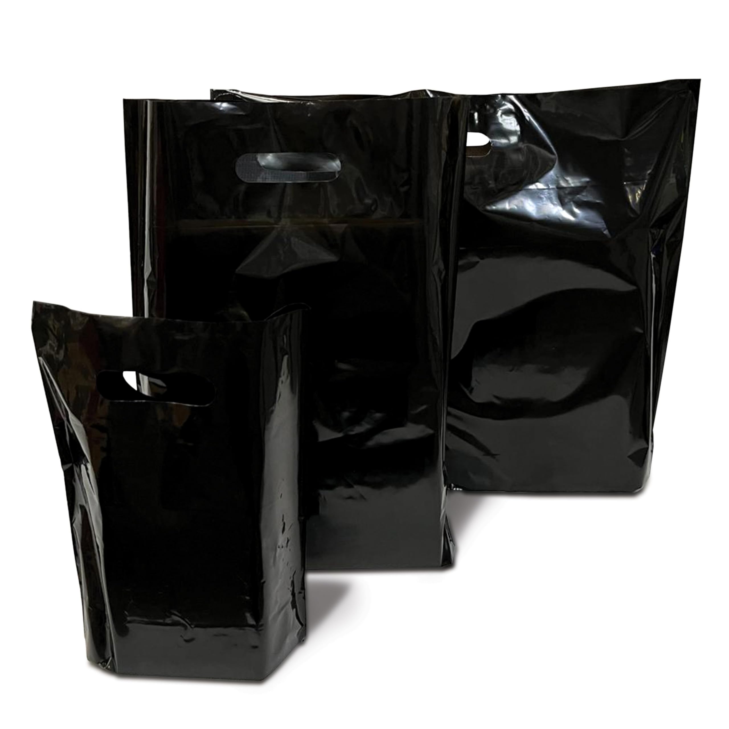 JeeJaan50 Pcs of Black Plastic Carrier Bags 15"x18"+3" - Strong Patch Handle Bags Ideal for Boutiques Clothes, Jewellery, Gifts, Retail and Shopping