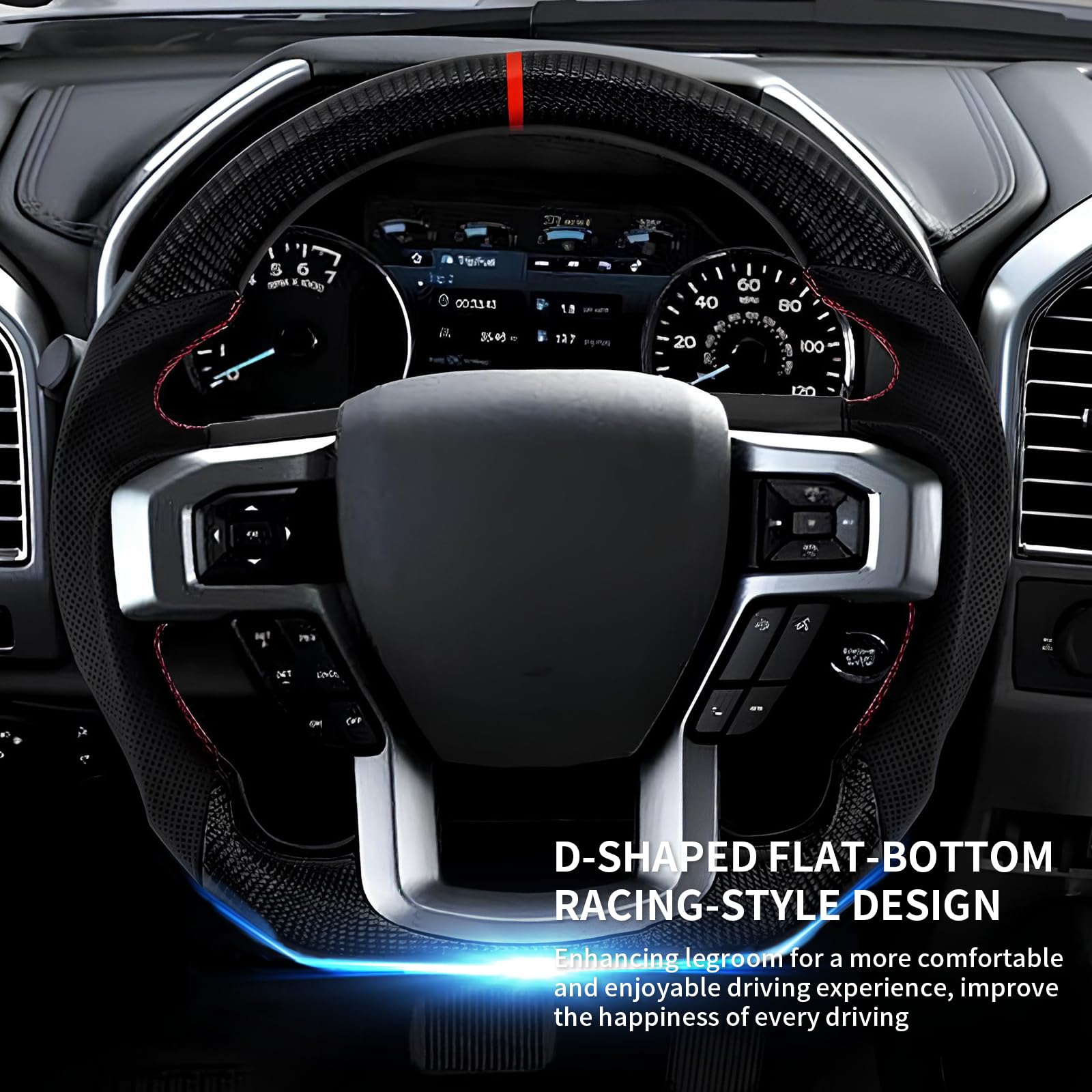 Hydro Dip Carbon Fiber Steering Wheel For Ford F150 & Raptor (2015-2020) – D-Shaped, Flat-Bottom, Perforated Leather