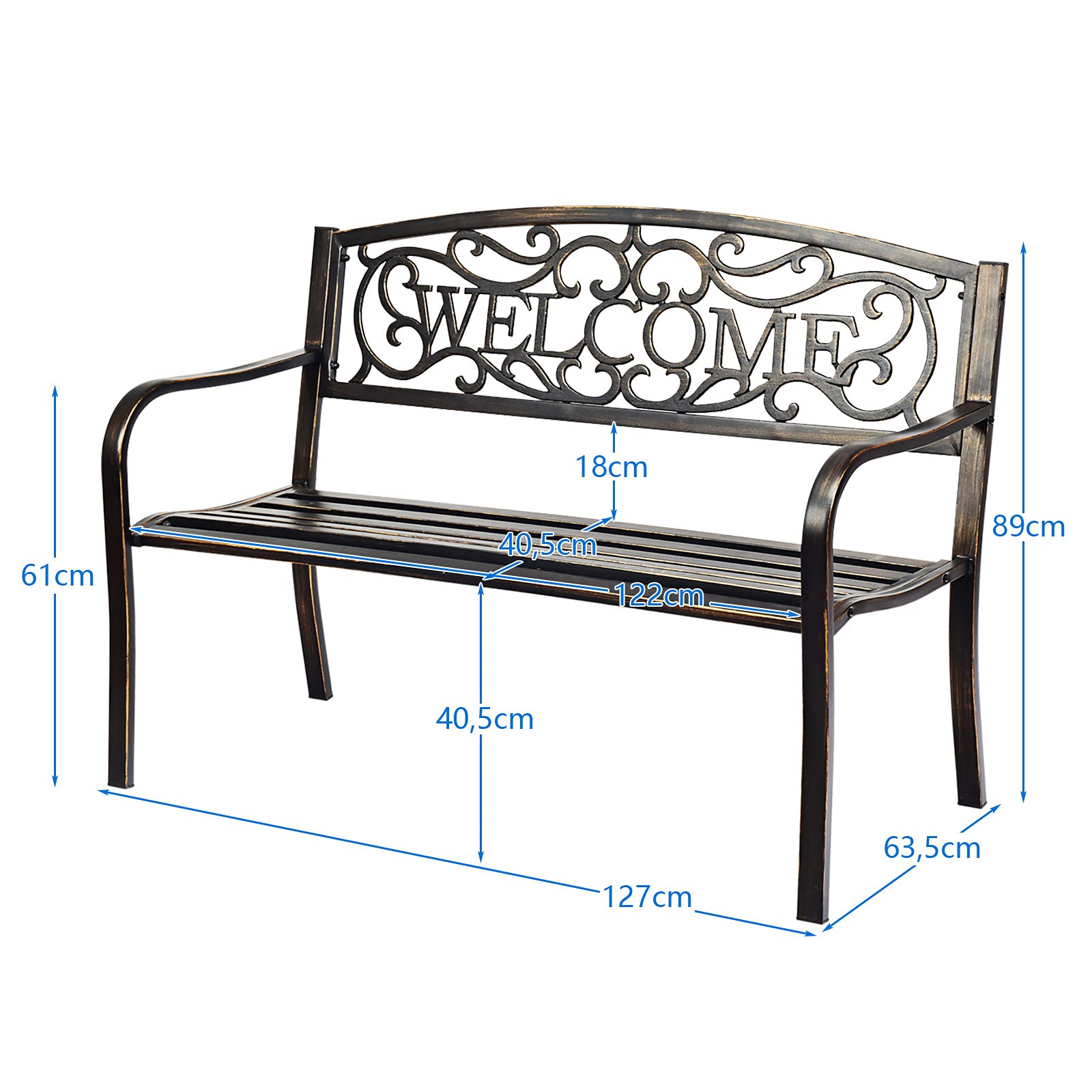 GOPLUS Banc Exterieur Jardin, 127 x 63 x 89 CM, Place pour 2 Personnes, Banquette Exterieur de Cadre en Métal, Charge 320KG, Dossier Ajouré avec Motif Mot, Idéal pour Patio, Piscine (Bronze)