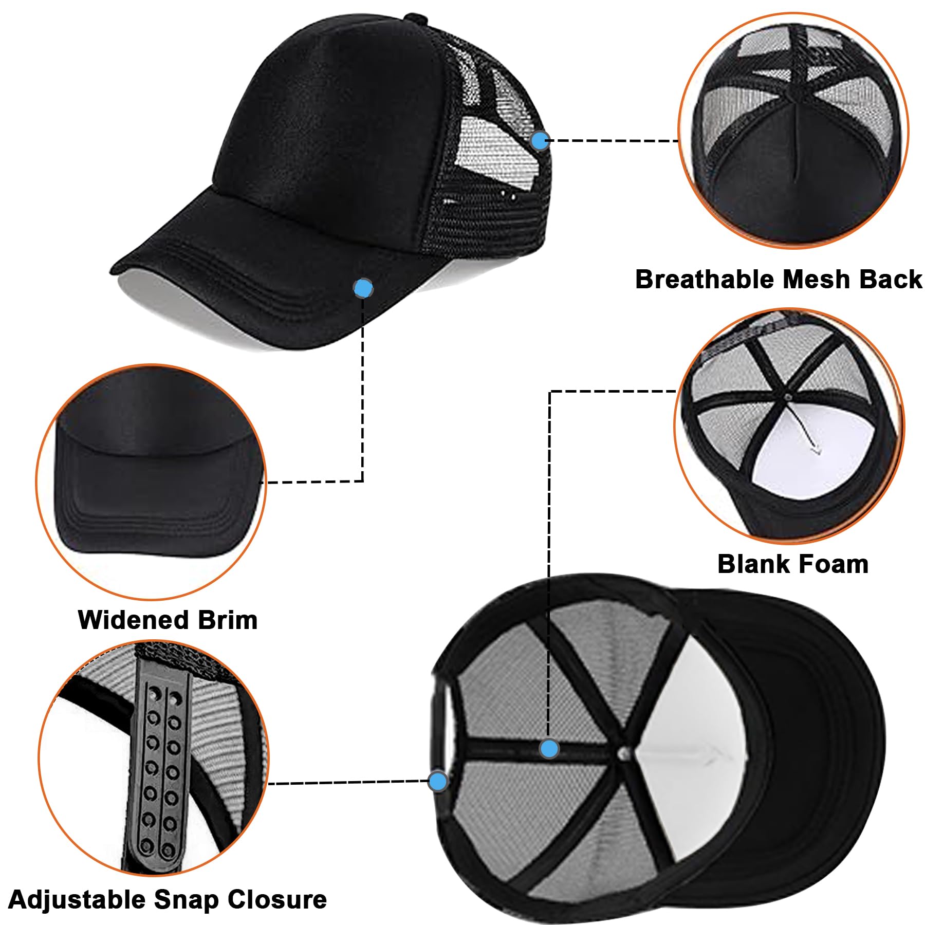 6/12 gorras de camionero a granel de malla en blanco sublimación en blanco gorras de béisbol ajustables para hombres y mujeres, 6piezas Multicolor Sombrero 3