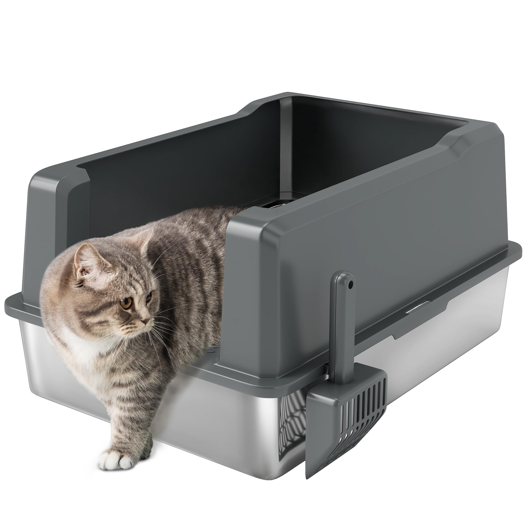 PawHut - Bandeja para Gatos (85 L, Gran Capacidad, 71 x 50,8 x 35,5 cm), Color Gris | Acero inoxidable, casa de aseo para gatos, pala, patines antideslizantes, fácil de limpiar