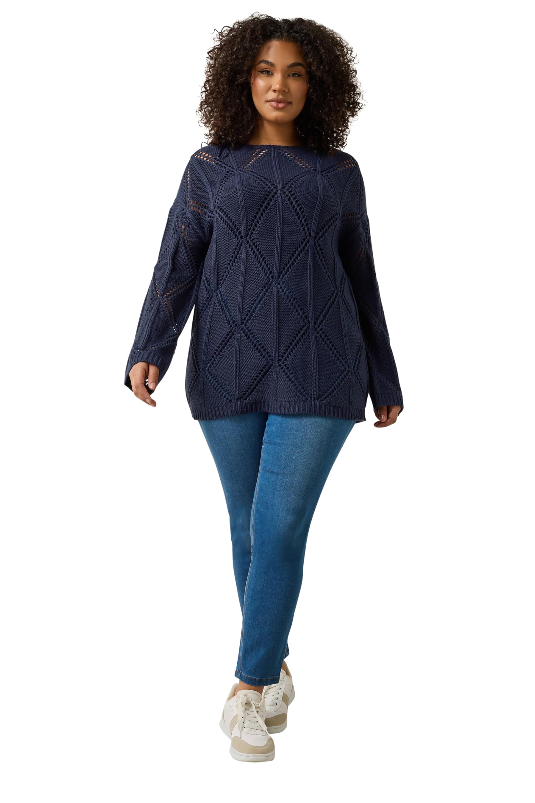 Evans Women's Blue Plus Navy Diamond Pointelle Jumper Size 30-32