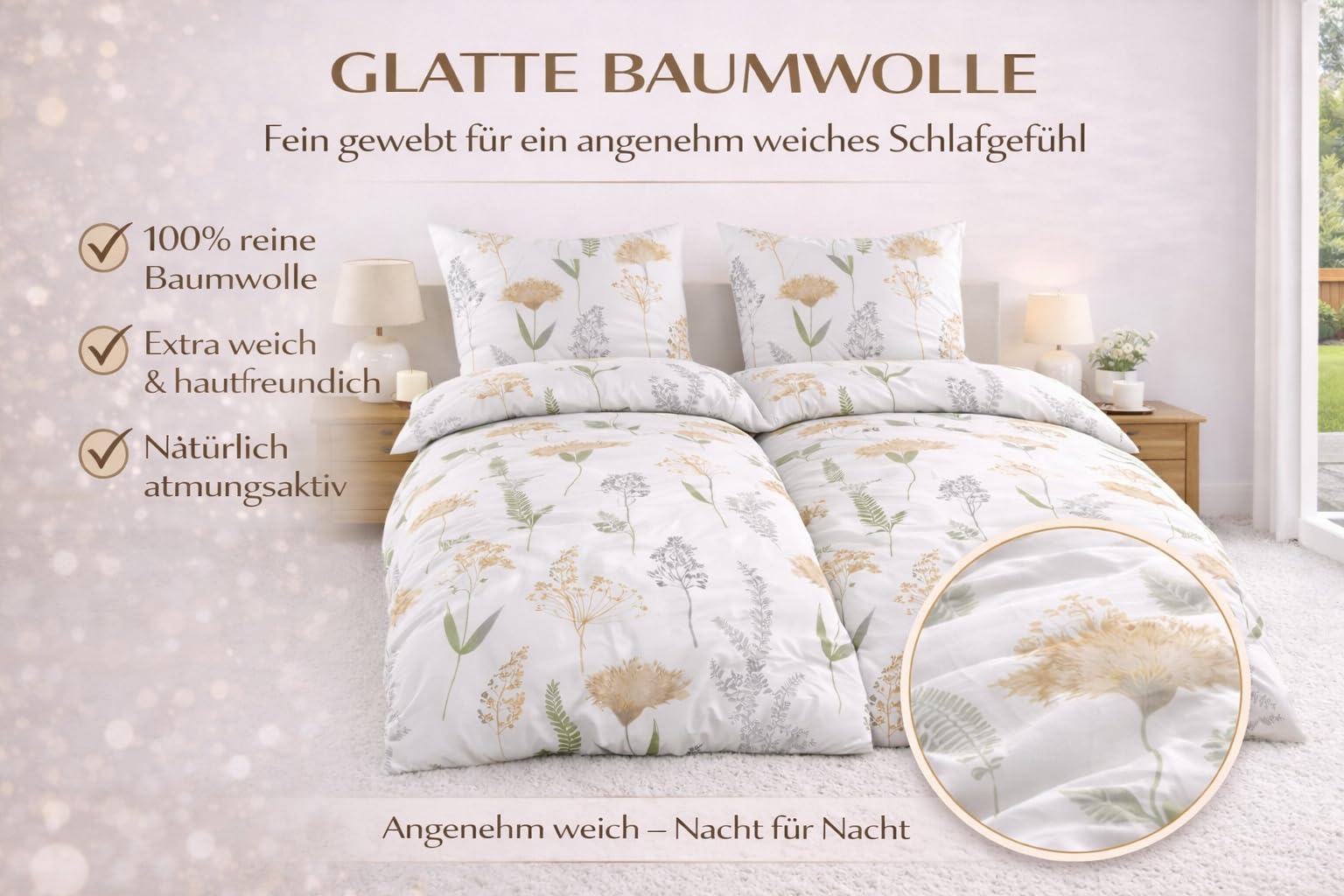 MALIKA Baumwolle Bettwäsche 135x200 4-teilig - 2X Bettbezug 135x200 & 2X Kissenbezug 80x80, Oeko-TEX geprüft, Bettwäsche Set mit Reißverschluss, Atmungsaktiv & Pflegeleicht, Natural Garden