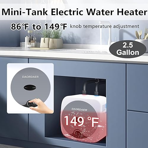 Miniatura 2 de Calentador de agua eléctrico de mini tanque de 110120 V, 1.5 kw, 2.5 galones, compacto para debajo del fregadero, perilla del calentador de agua,