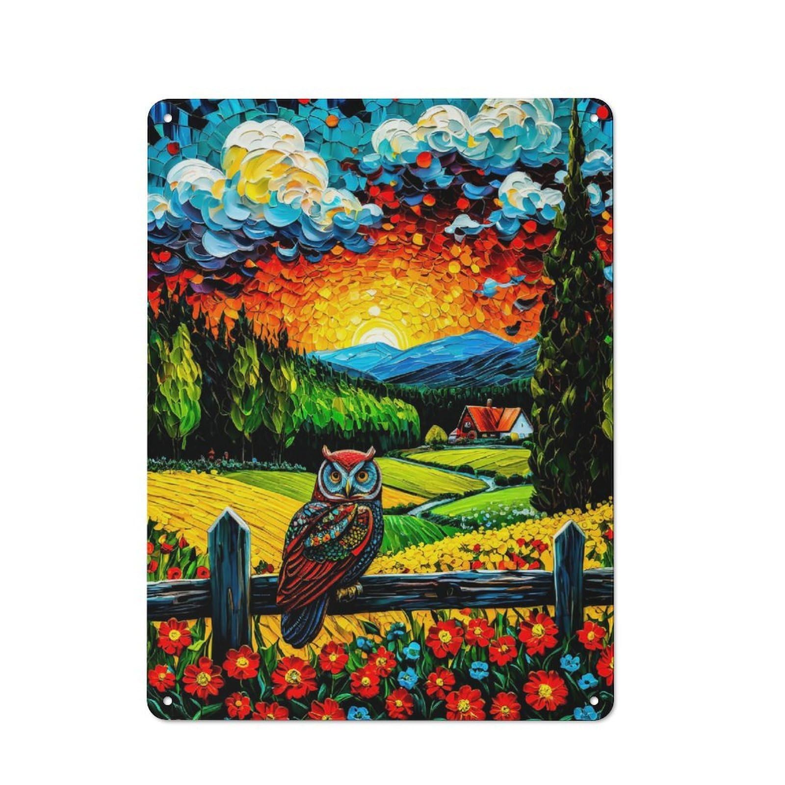 Junmoney Owl On Fence At Sunset Painting 40X30cm Rustic Metal Sign With For Guest Room Or Hallway, For Vintage Wall Decor Fans, For Metal Sign Collectors