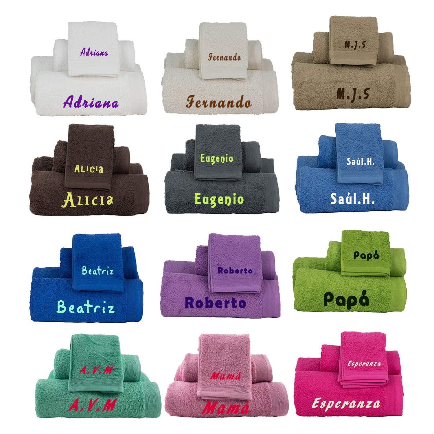 Juego 3 Toallas personalizadas BORDADAS. * 100% algodón rizo americano de gran calidad (gramaje de 500 gr/m2) * No pierde color con los lavados. Hilo de alta calidad.