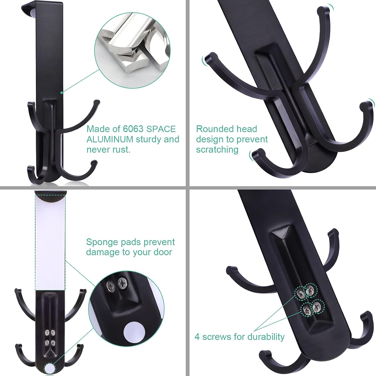 ACMETOP Over The Door Hooks 2 Pack Heavy Duty Door Hanger Over Door Hooks for Hanging Clothes Towels Hats Bags -4 Hooks Aluminum Brush Finish (Matte Black) : Industrial & Scientific