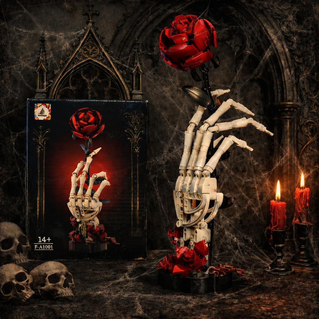 RITTSUN Skull Rose Building Set, Gothic Flower Bouquet Building Blocks for Adults, Skeleton Hand Rose Decor, Dark Aesthetic Desk Decor, Creative Her, DIY Block Set