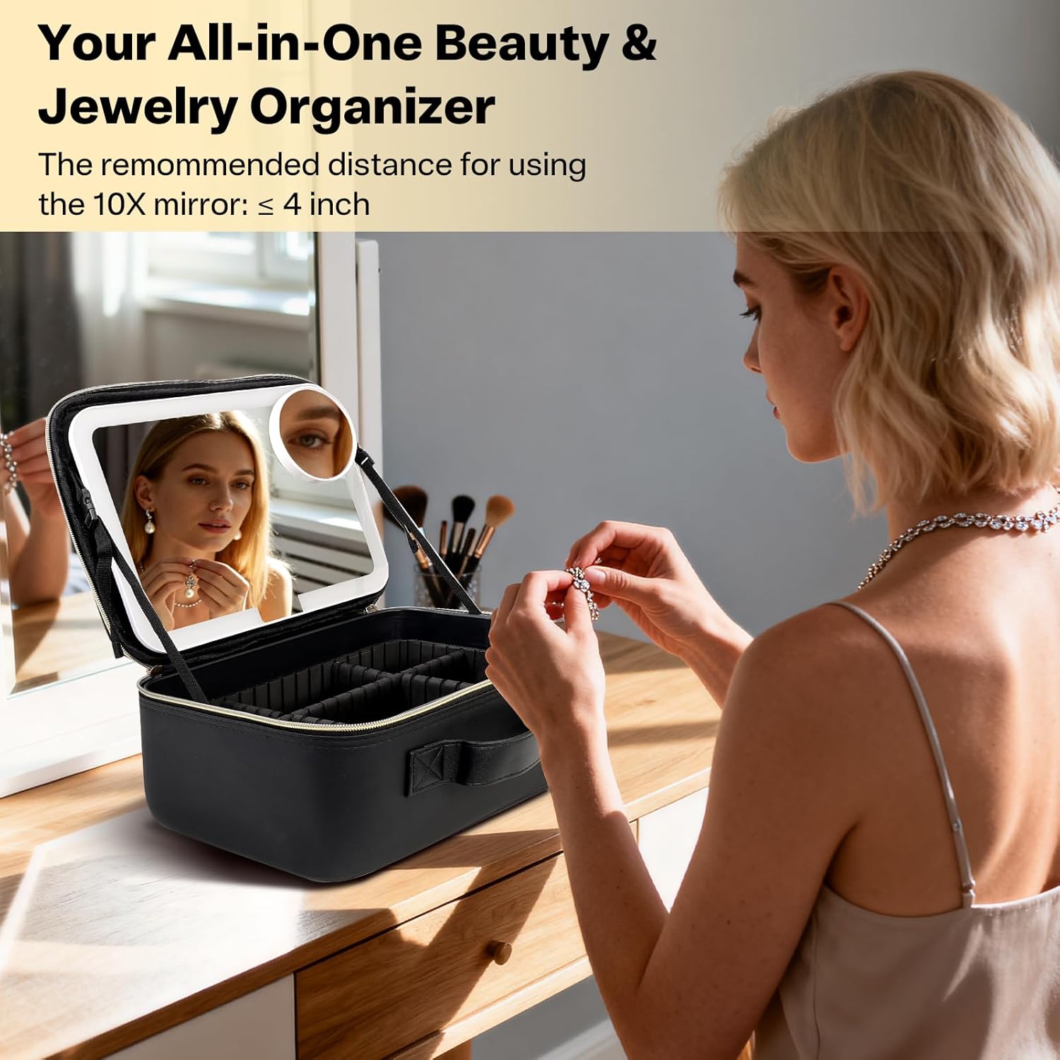 Travel Makeup Bag with LED Mirror, Large 12 Inch Cosmetic Train Case with Jewelry Organizer, 10X Magnifying Mirror, Adjustable Dividers for Cosmetics Makeup Brushes Toiletry, Includes 6 Velvet Pouches