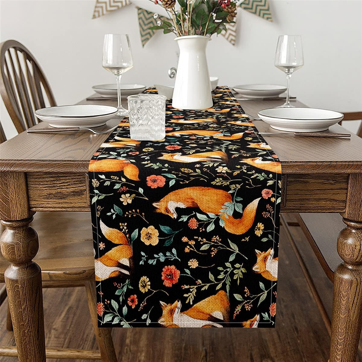jejeloiu Fox Table Runner for Boys Girls Flower Fox Indoor Outdoor Party Supply Animal Home Kitchen Dining Decor 108x13 Inch Bedroom Decor Woodland Fox Floral Orange Home Decor for Living Room