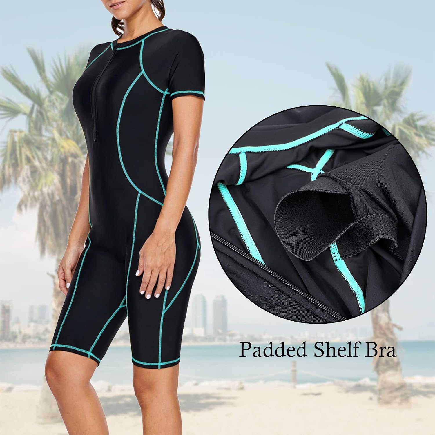 FEOYA Women One Piece Modest Swimsuit Boyshort Short Sleeve Rashguard Contrast Line Snorkel Surf Suit Sport Bathing Suit