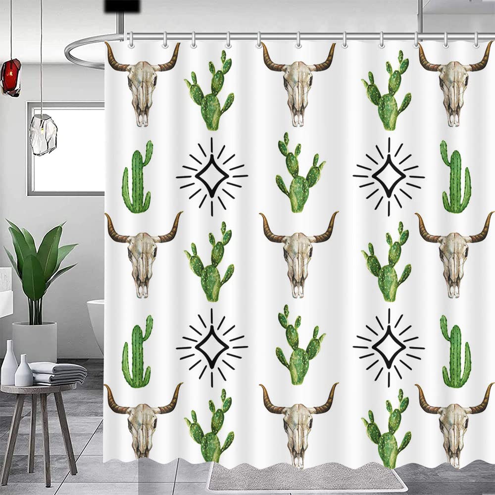 MEHOFOND Western Shower Curtains for Bathroom Cow Skull Shower Curtains Navajo Pattern Bathroom Decors Cactus Bath Curtains Washable Durable Fabric