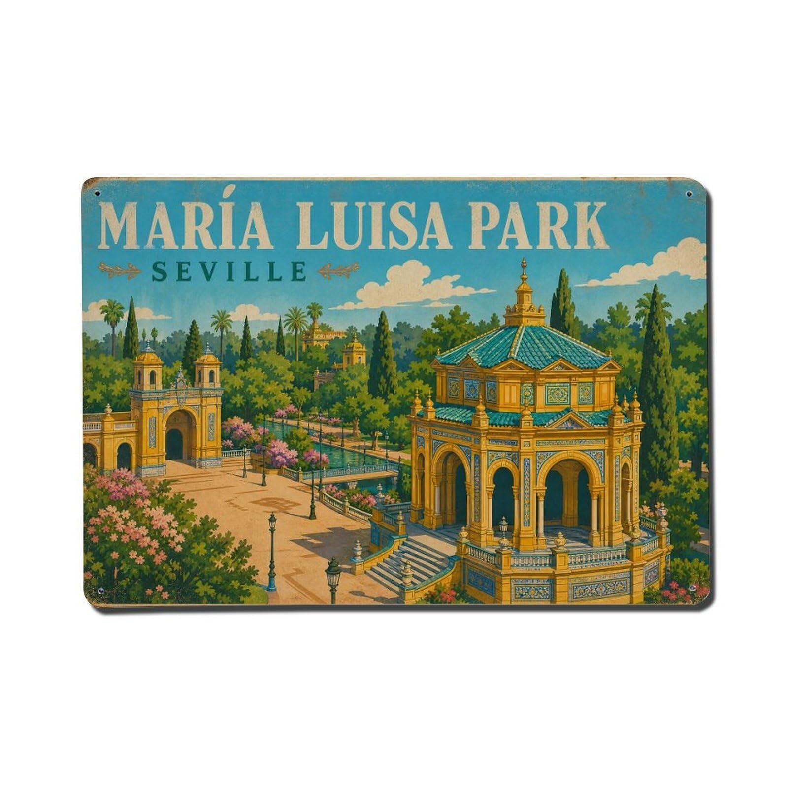 Vintage Travel Parque Maria Luisa Pavilions Seville Parks Metal Tin Sign