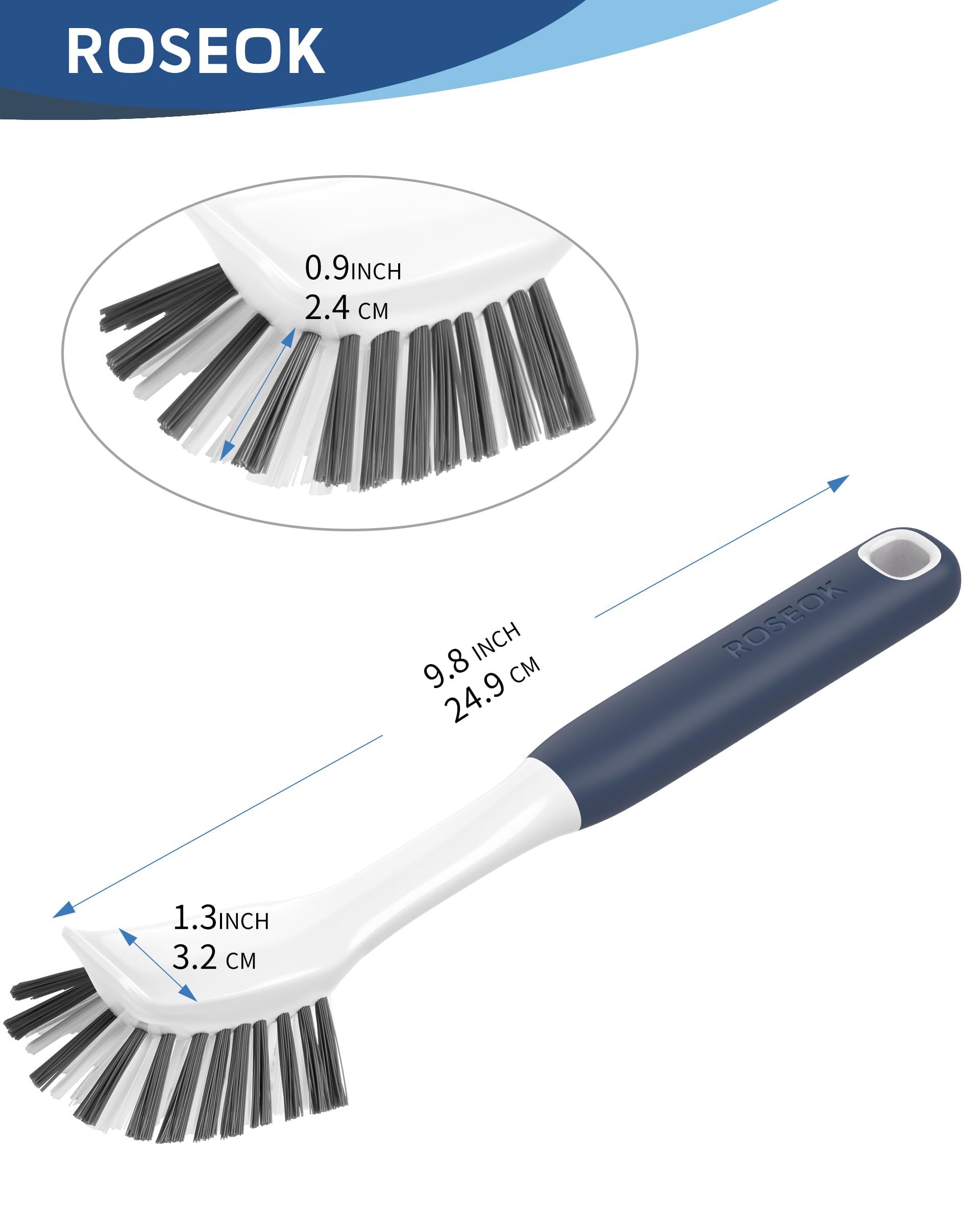ROSEOK Paquete de 2 cepillos para platos de cocina con raspador para fregar manchas de alimentos, construido para limpiar platos, cocina, olla, fregadero, azul marino