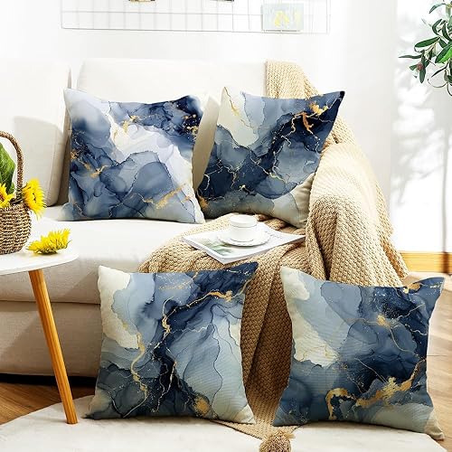 Miniatura 8 de wyooxoo Juego de 4 fundas de almohada de 20 x 20 pulgadas, fundas de almohada de lino con textura de mármol, fundas decorativas verdes para sofá,