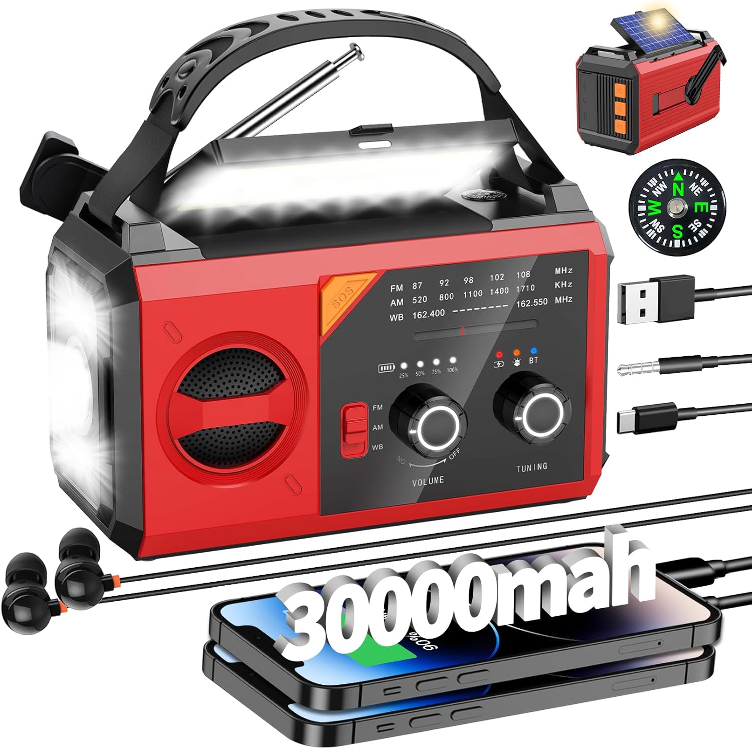 30000mAh Emergency Radio with NOAA Weather Alert, Emergency Hand Crank Weather Radio Portable AM/FM/NOAA Solar Radio with Compass SOS&Flashlight for Survival and Camping/Home (Red-30000mAh)