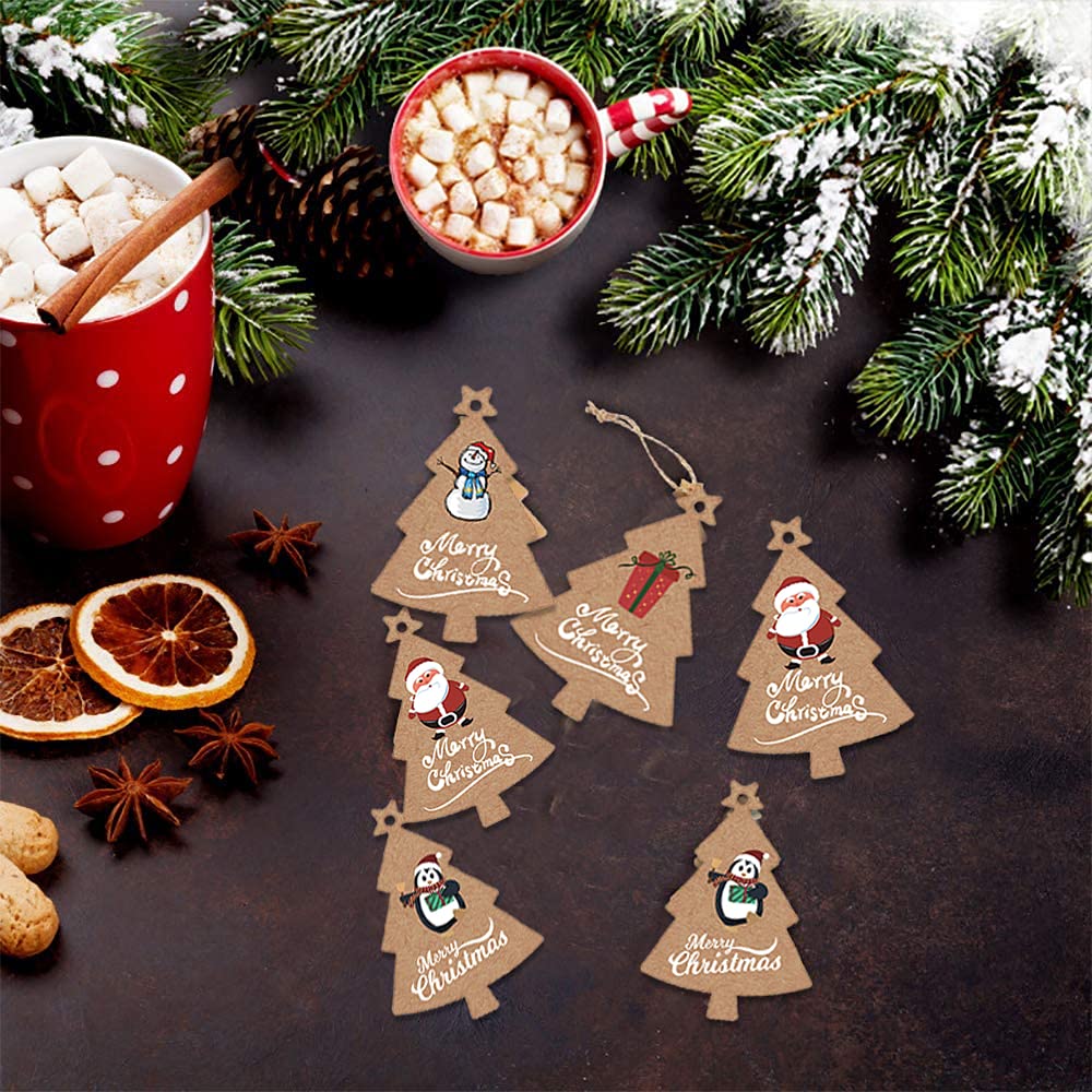 50 pezzi di etichette regalo di buon Natale etichette di carta bianca stampate albero di Natale decorazioni da appendere fornure per imballaggio per feste di Natale etichetta per sacchetti di biscotti