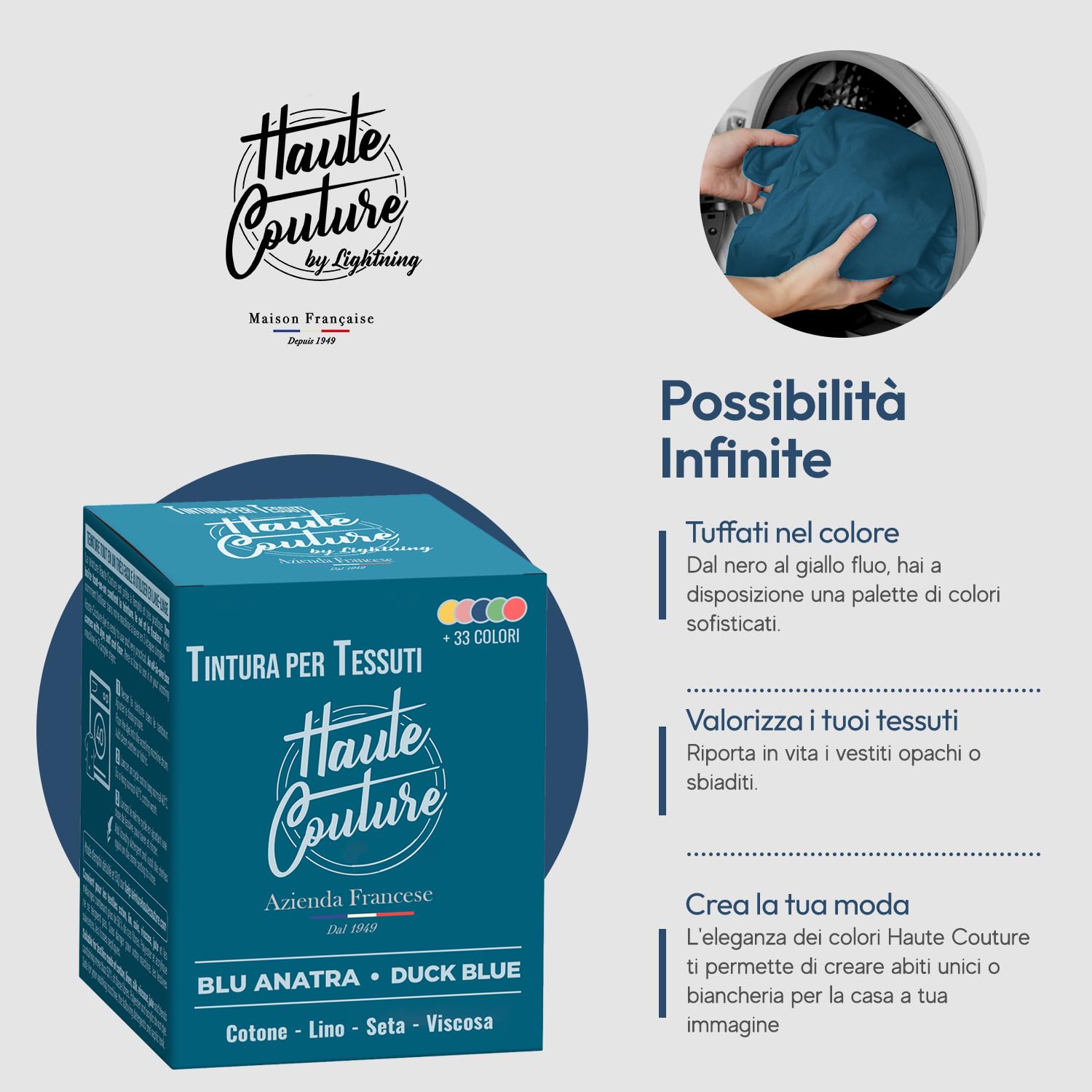 Haute Couture - Tintura Tessile Tutto-in-Uno - Blu Anatra - 3x350g | Pronta all'Uso - Tintura in Lavatrice - Cotone, Lino, Seta & Viscosa - Oltre 33 Colori Disponibili - Intensa & Duratura