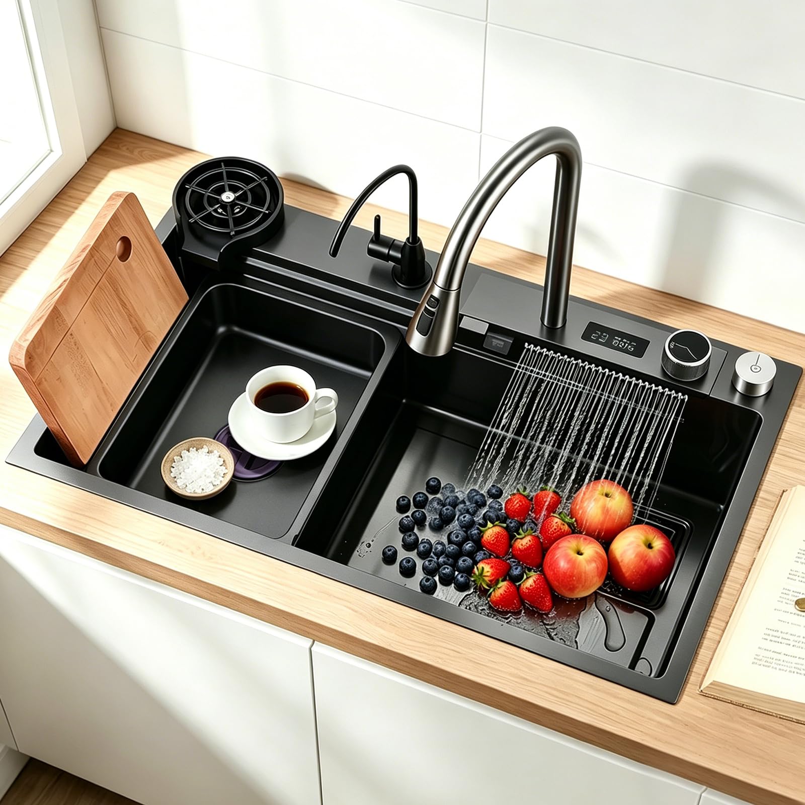 ZQFHSX 85x50cm Kitchen Sink Black with Waterfall, Stainless Steel Single Bowl LED Waterfall Tap for Workplace, Mobile Cutting Board and Drain Set Sink, Modern Multifunctional