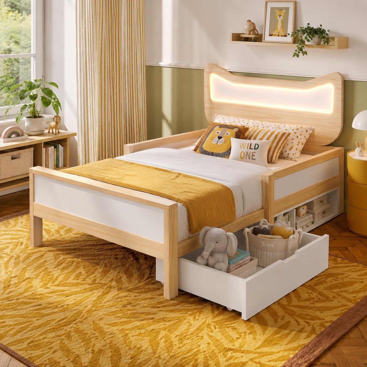 Cama de madera 90x200 con luces RGB ajustables y barrera anticaidas infantil