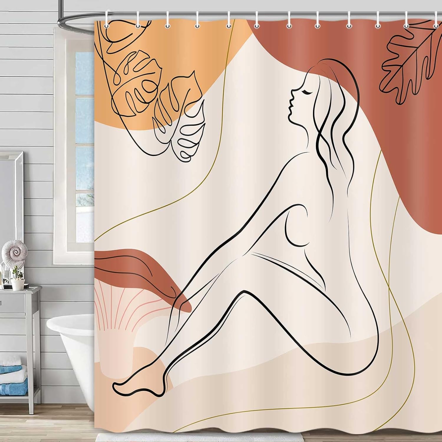 Boho Mid Century Modern Shower Curtain Abstract Minimalist Aesthetic Fabric Bath Curtain Decor Unique Novelty Girl Mushroom Bathroom Accessories with Hooks Set 72X78 Inch