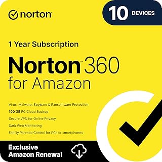 Norton 360 for Amazon, Antivirus software for up to 10 Devices, Includes VPN, Dark Web Monitoring, and PC Cloud Backup, Activation Required [Subscription]