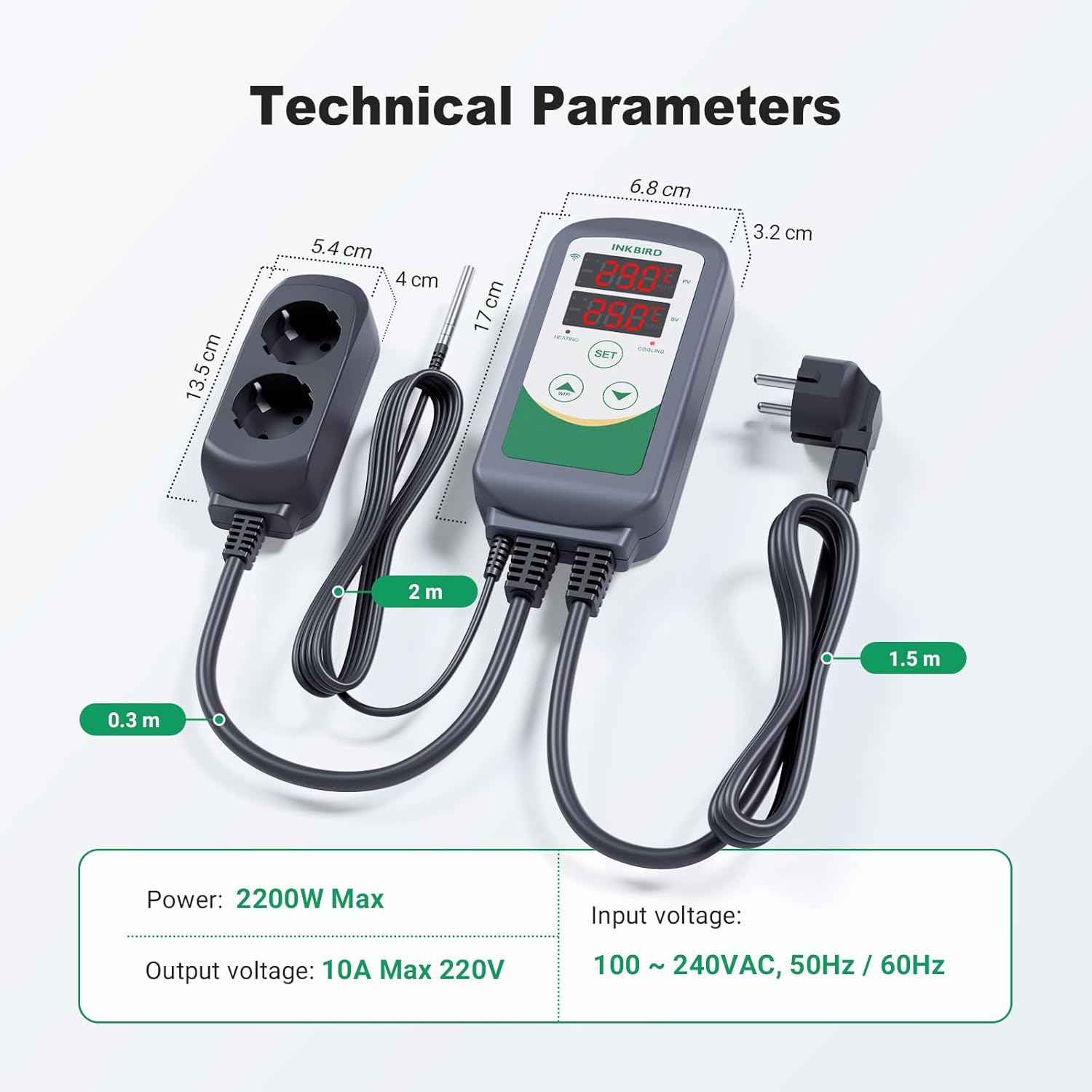 Technical dimensions and power specifications of the Inkbird ITC-308-WIFI thermostat and its power outlets.