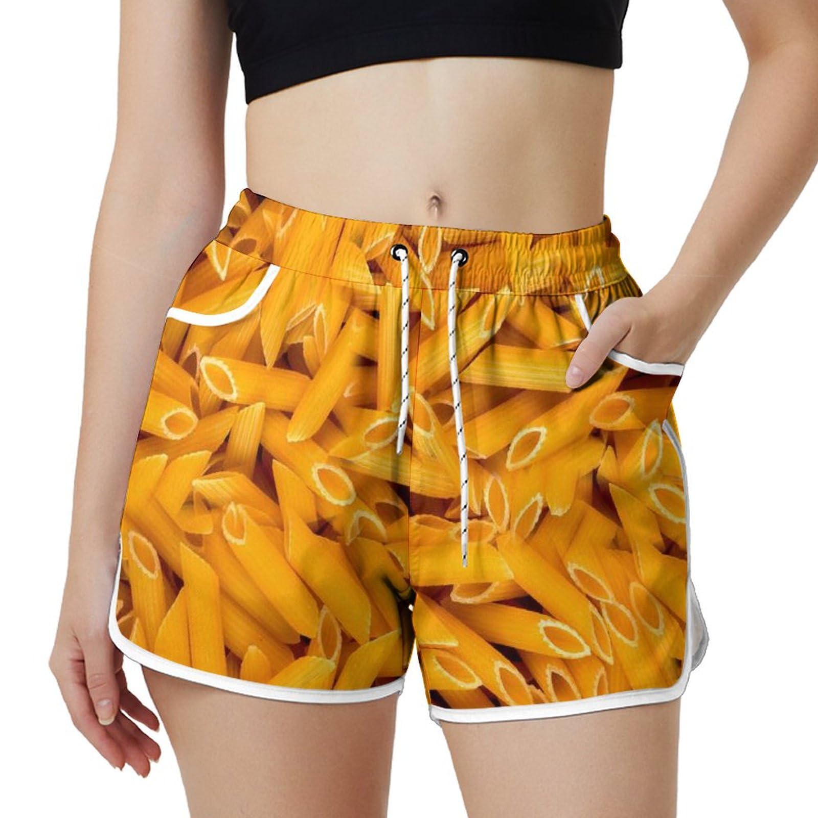 AYUNIX Women's Running Shorts with Pockets Quick Dry Performance Shorts for Women Chees Macaroni Athletic Workout Gym Shorts White