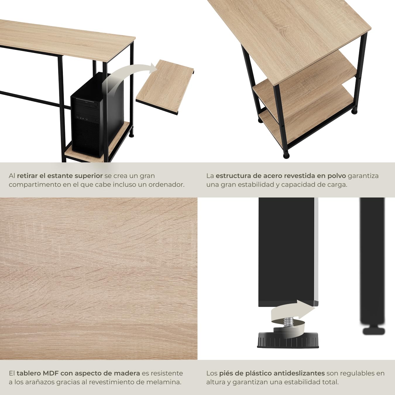 tectake® Escritorio de Esquina, Mesa en L con Estantes, Mesa Escritorio para Ordenador, Escritorio Industrial Madera Acero, Mesa de Oficina, Escritorio Estudio - Madera Industrial Clara, Roble Sonoma