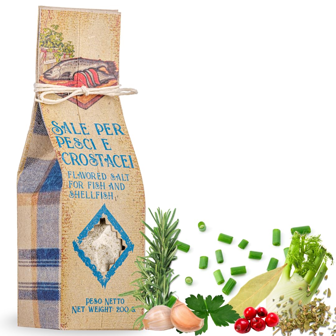 ARTIGIANI DEI SAPORI - All-Natural Unrefined Flavored Sicilian Sea Salt Mix for Roasted and Grilled Fish with Rosemary, Garlic, Laurel, Fennel, Parsley, Chives, Oregano, Pink Pepper, 7 oz