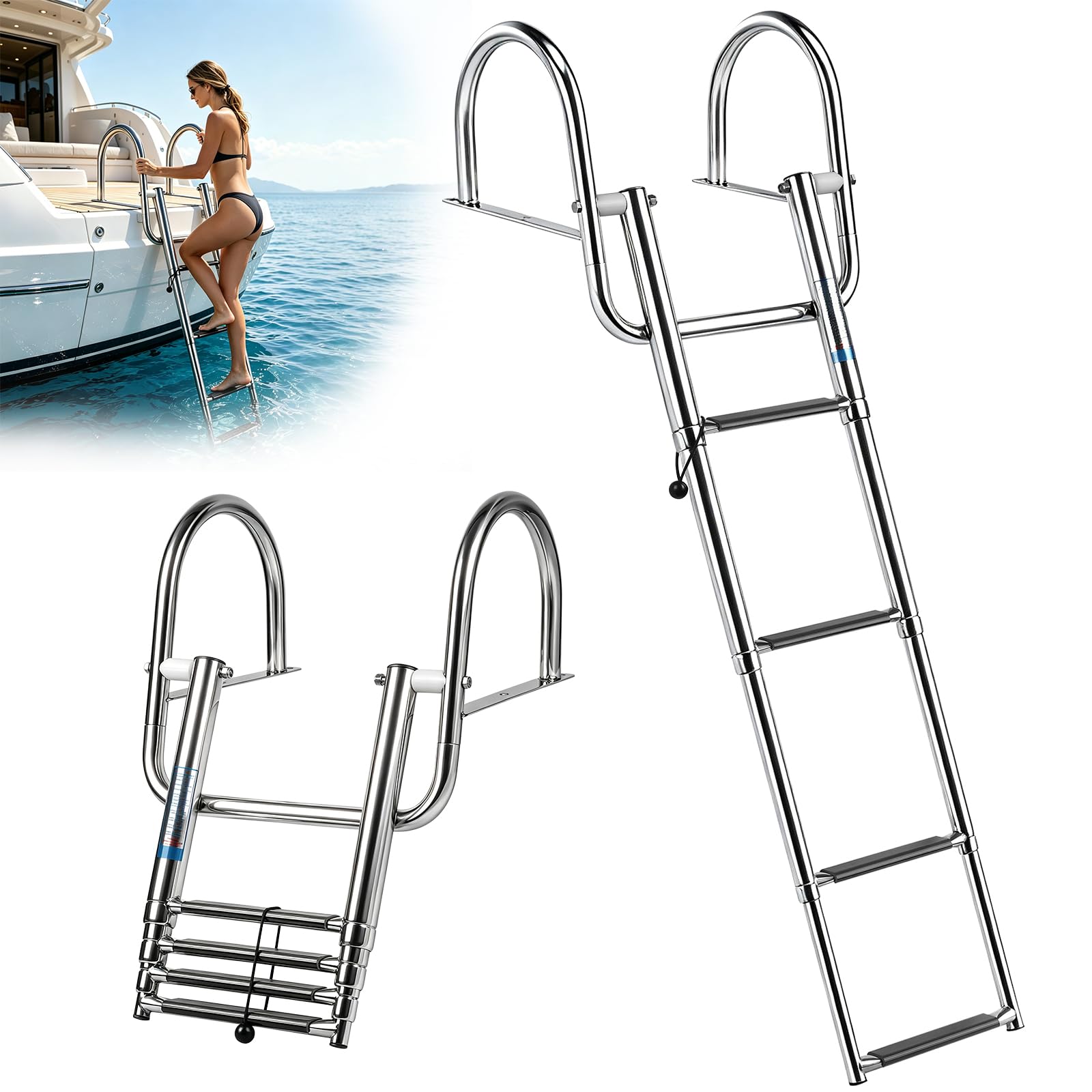 Scaletta per Piscina con 4 Gradini in Acciaio Inox, Scaletta da Barca Pieghevole e Telescopica con Corrimano e Gradini Antiscivolo, per Yacht, Pontone, Molo e Dock, Portata fino a 227kg（S）