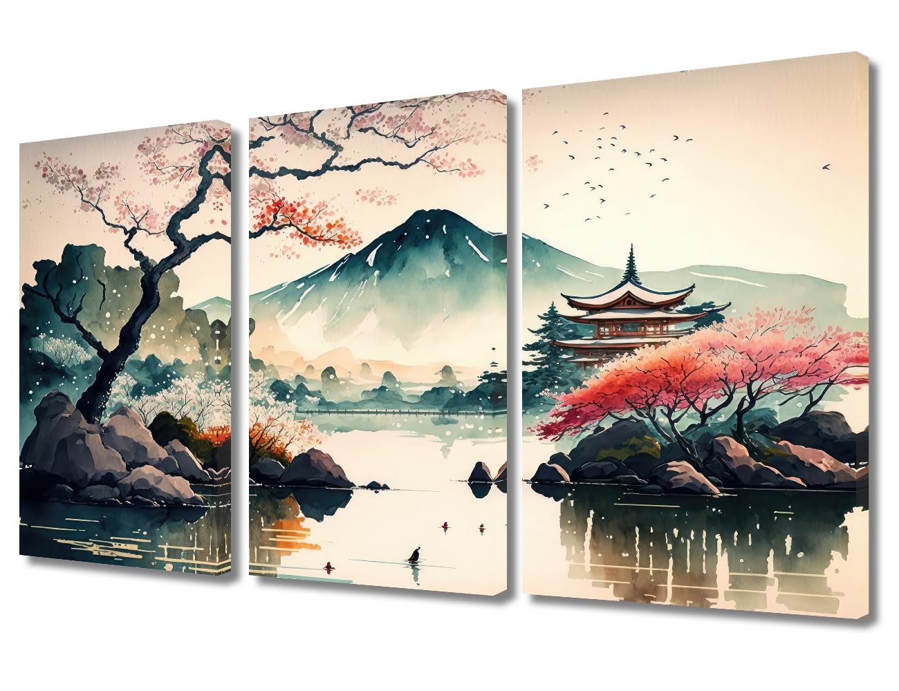 Mount Fuji Posters Japan Cherry Trees Watercolor Wall Painting Japanese Landscape Pictures Wall Art for Bedroom Artwork Home Decor Giclee 3 Piece