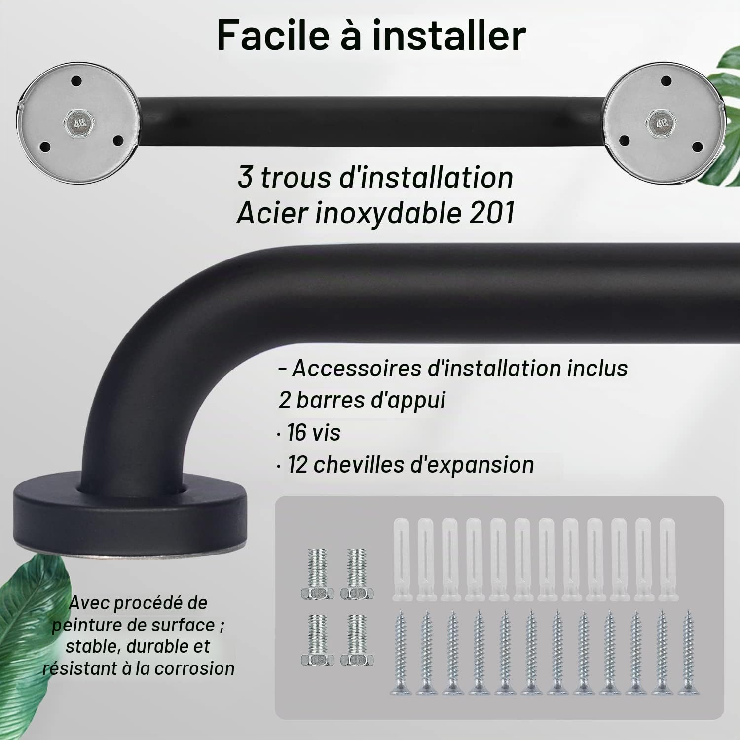 ‌supregear Barre d'Appui Salle de Bain 60 cm (2-Pack) - Barres de Sécurité en Acier Inoxydable 201 Noir, Fixation Murale Vis Dissimulée pour Baignoire/Douche/Cuisine